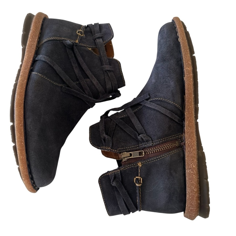 Born Navy Suede Lace-Up Ankle Booties with Tan Crepe Sole - Picture 4 of 14